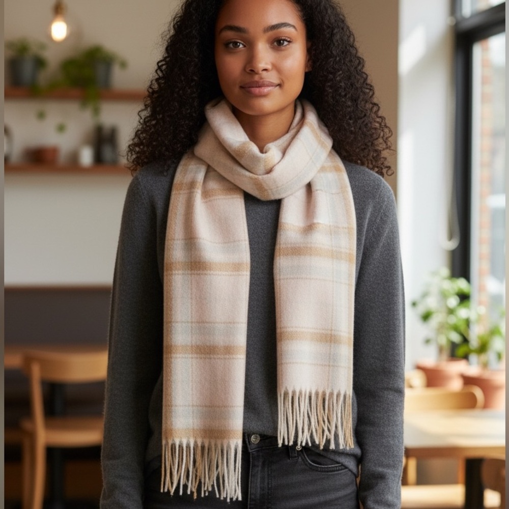Louisa Perini 100% Cashmere Luxurious Cream/Tan Plaid Long Scarf 60”x12”